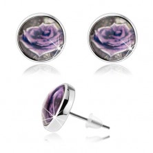 Cabochon earrings, clear convex glaze, mauve rose with white rim