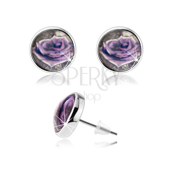 Cabochon earrings, clear convex glaze, mauve rose with white rim