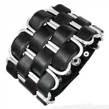 Black leather bangle - braid made of narrow strips