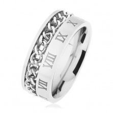 316L steel ring, silver hue, chain, pattern - Roman numerals