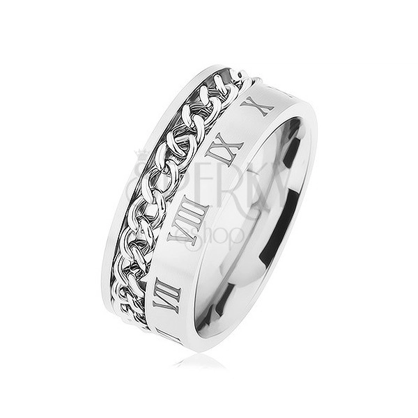 316L steel ring, silver hue, chain, pattern - Roman numerals