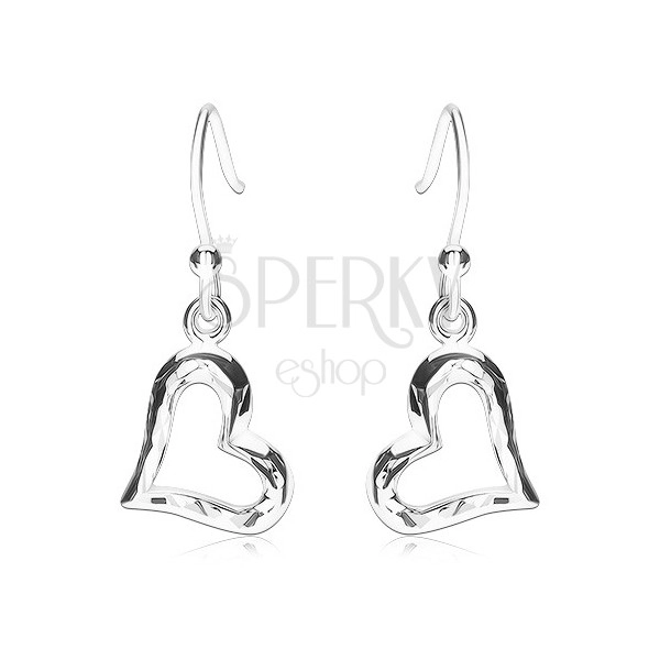 925 silver earrings, convex heart outline, shiny surface with grooves