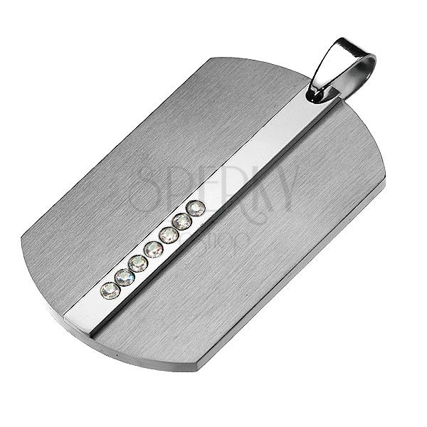 Steel pendant, dog tag in silver colour, zircon line on raised strip