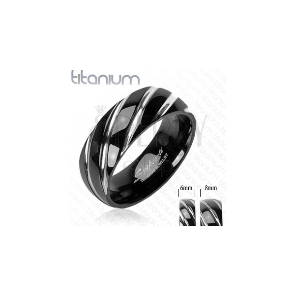 Titanium ring in black colour - narrow bevelled notches in silver hue