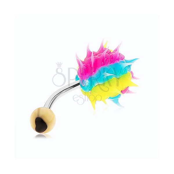 Belly bar, stainless steel, multicoloured silicone hedgehog