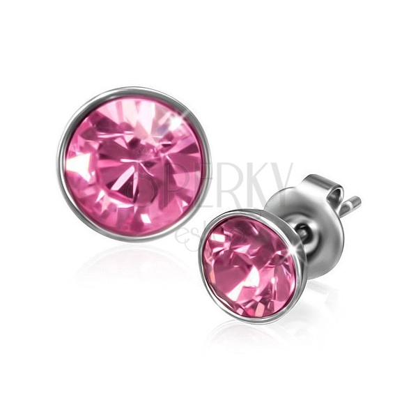Stud earrings made of stainless steel - pink round zircon