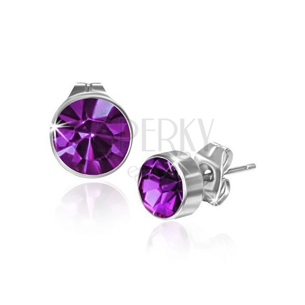 Steel earrings, silver colour, deep purple zircon, studs