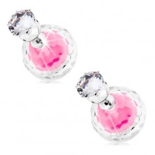Reversible earrings in silver tone, two balls - clear and pink, zircon