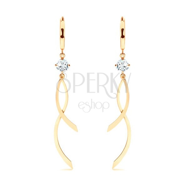 Dangling earrings made of yellow 14K gold, smooth circle, clear zircon, shiny waves