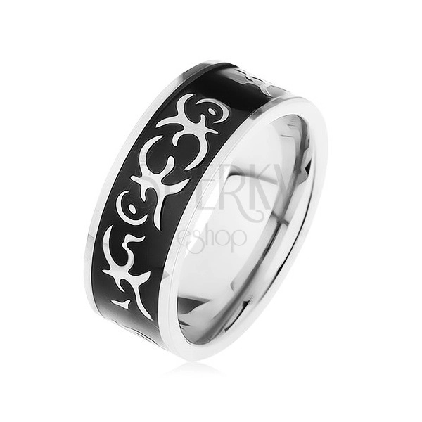 Steel ring in silver colour, shiny black strip adorned with tribal motif