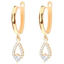 585 gold earrings - glossy arc, glittering rain-drop contour, round zircon