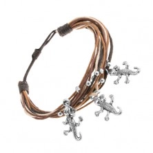 Cord bracelet, brown, beige, black colour, beads, pendant - lizard