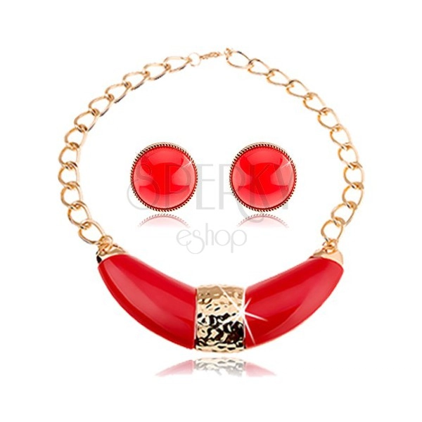 Necklace and earrings set, thick chain, red and golden colour combination