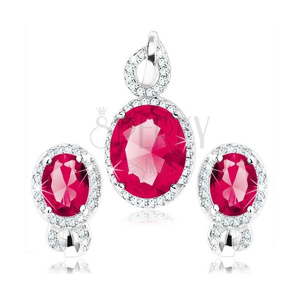 925 silver set of earrings and pendant, red-pink zircon oval