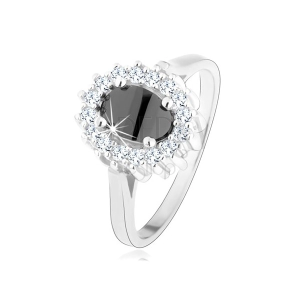 925 silver ring, oval black zircon, shimmering lining, rhodium-plated