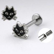 Steel labret of silver colour - cat with glaze of black colour