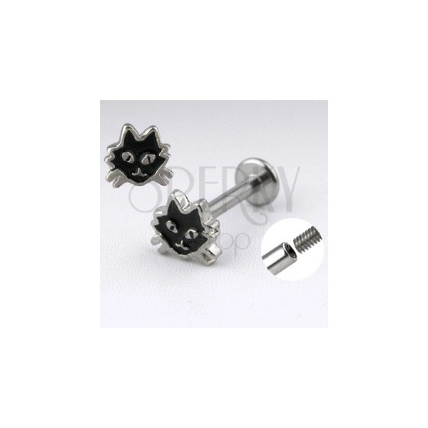 Steel labret of silver colour - cat with glaze of black colour