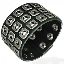 Black leather bracelet studded with three lines of truncated squares, screws