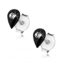Stud earrings, 925 silver, black glazed raindrop, Swarovski crystal
