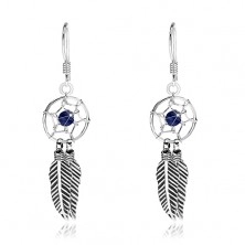 925 silver earrings, dark blue bead, round dream catcher, 10 mm