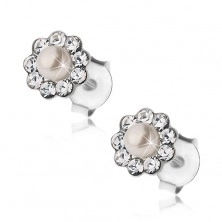Earrings, 925 silver, studs, flower - Preciosa crystals and small white pearl
