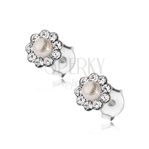 Earrings, 925 silver, studs, flower - Preciosa crystals and small white pearl