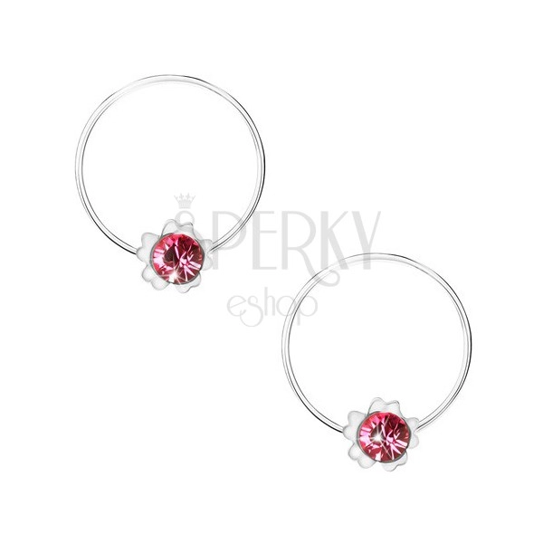 Hoop earrings made of 925 silver, pink flower, round Swarovski crystal