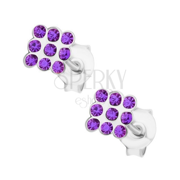 Stud earrings, 925 silver, tiny violet Swarovski crystals - square