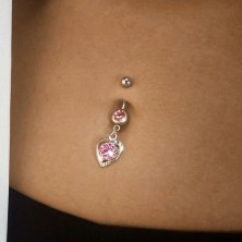 Navel piercing, stainless steel, shiny heart contour, pink zircons