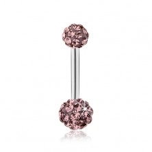 Belly piercing, stainless steel, balls adorned with lilac zircons