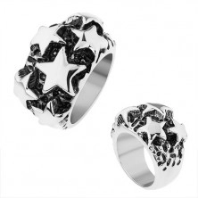 Steel ring, shiny convex stars in silver hue, black patina