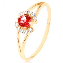 Ring made of yellow 14K gold - round red garnet between clear arcs