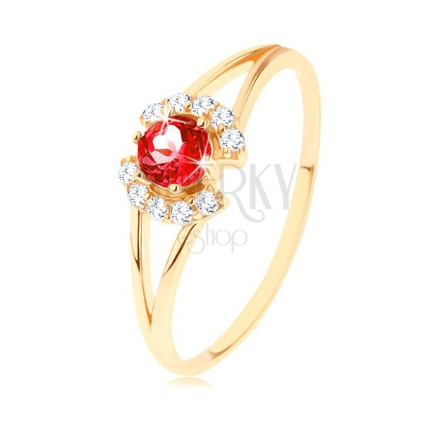 Ring made of yellow 14K gold - round red garnet between clear arcs