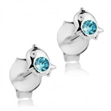 Earrings made of 925 silver, small dolphin with light blue Swarovski crystal