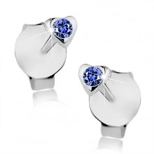 Stud earrings, 925 silver, tiny heart, dark blue crystal