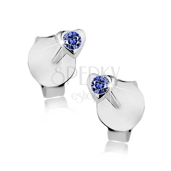 Stud earrings, 925 silver, tiny heart, dark blue crystal