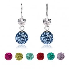 Earrings made of 925 silver, clear heart, sparkly ball with Preciosa crystals