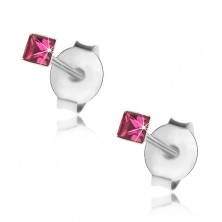 Earrings made of 925 silver, small square - fuchsia Swarovski crystal, 2 mm