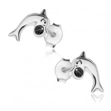 925 silver earrings, small dolphin with shiny surface, black zircon