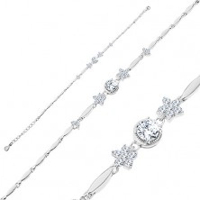 925 silver bracelet, shiny grain-shaped links, clear flowers and round zircon