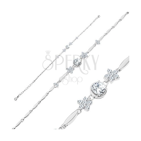 925 silver bracelet, shiny grain-shaped links, clear flowers and round zircon