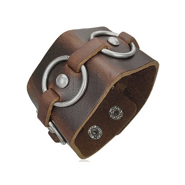 Brown leather bracelet - metal circles