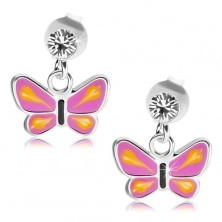 925 silver earrings, butterfly with violet wings, yellow tear-drops, clear crystal