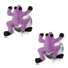 925 silver earrings, frog adorned with violet and black enamel