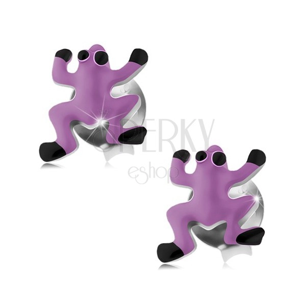 925 silver earrings, frog adorned with violet and black enamel