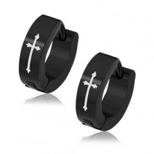 Round black earrings made of 316L steel, cross in white hue, hinged snap fastening