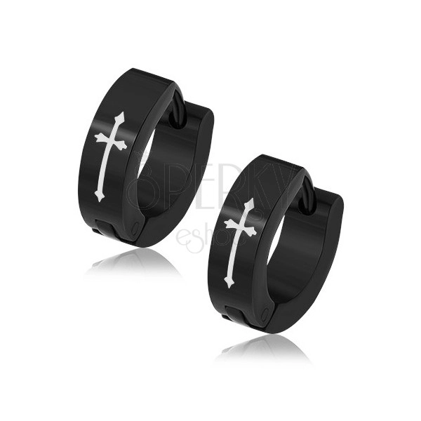 Round black earrings made of 316L steel, cross in white hue, hinged snap fastening