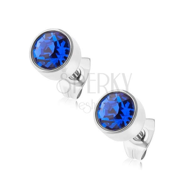 Stud earrings, 316L steel, silver colour, blue round zircon, 7 mm