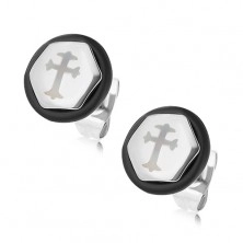 Steel earings - hexagon, silver colour, cross, black rubber band