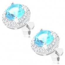 925 silver earrings, round zircon in aquamarine colour, clear rim, studs